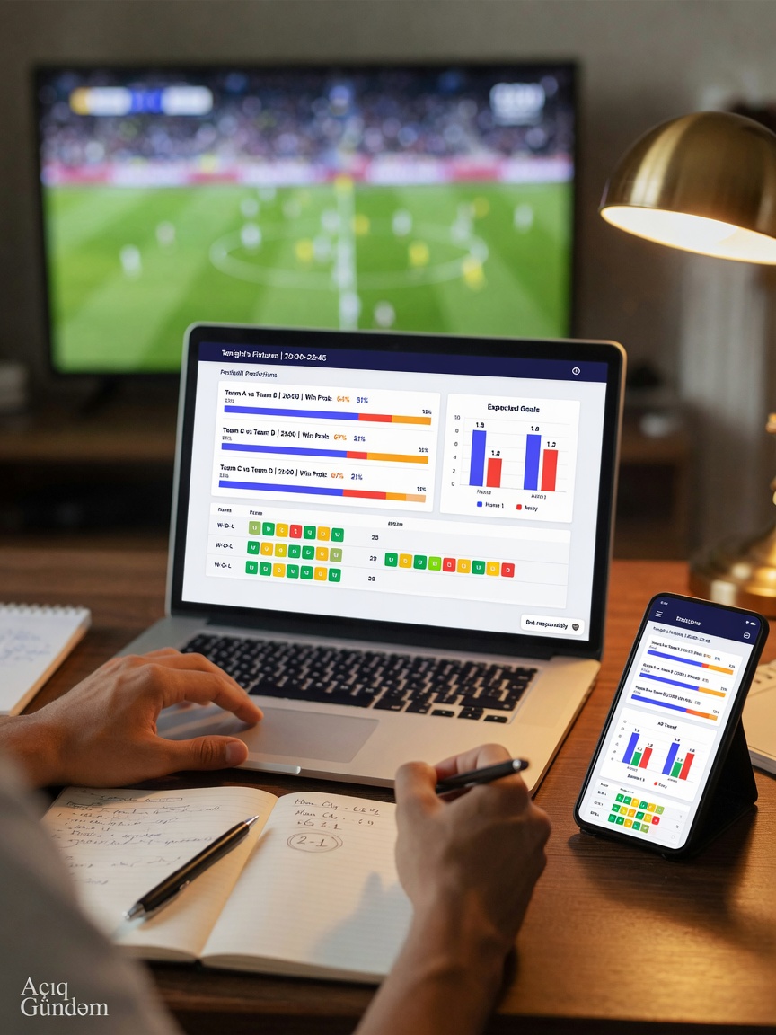 Axşam futbol proqnozlarını analiz edən masa səhnəsi: noutbuk və smartfon ekranında statistik qrafiklər, “Məsuliyyətli