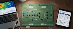 Overhead photo of a tactics board with blue and black markers, heatmaps on a