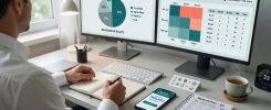 Over-shoulder photo of an adult reviewing sports betting risk dashboards at a neat desk,