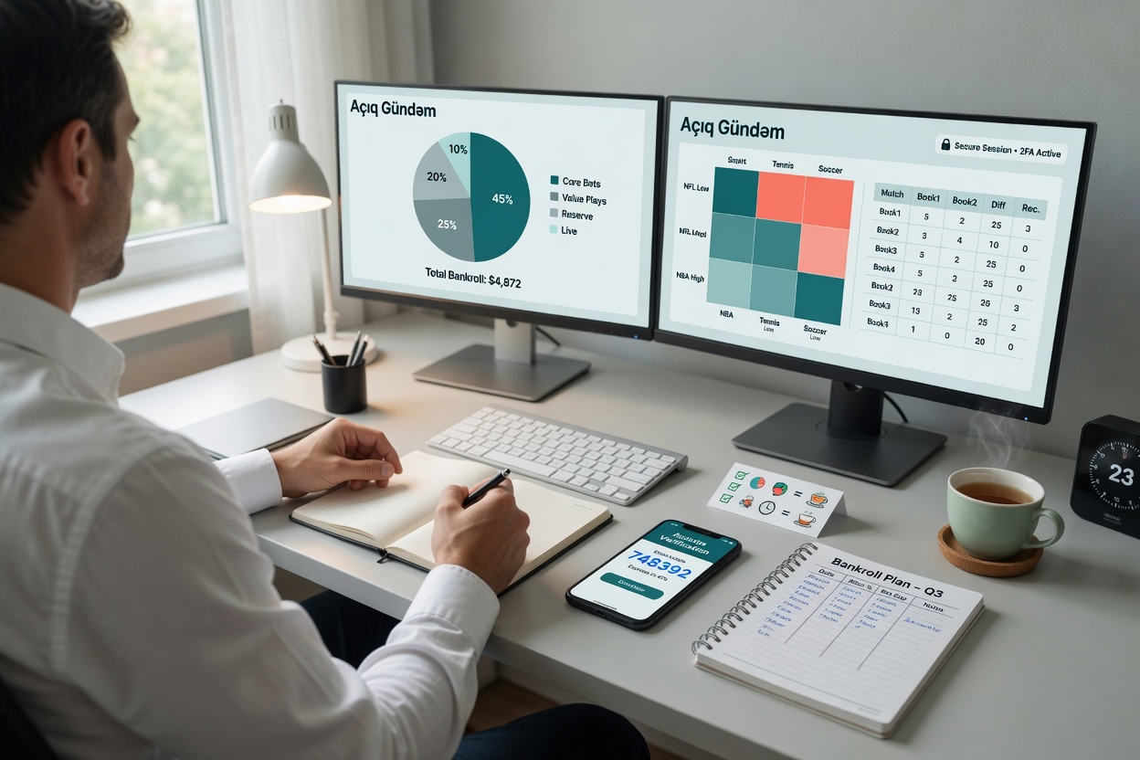 Over-shoulder photo of an adult reviewing sports betting risk dashboards at a neat desk,